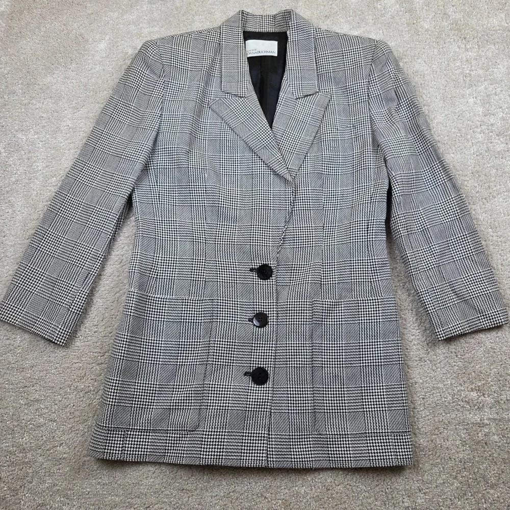 Dana Buchman Blazer 6 Black White Houndstooth Plaid Linen Blend 3-Button Jacket